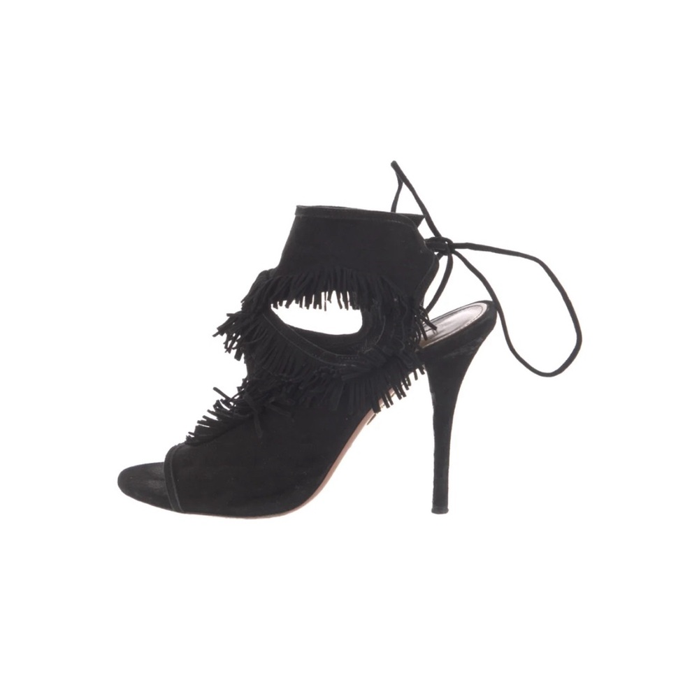 Aquazurra black suede fringe heels. Just wear on soles. Good condition